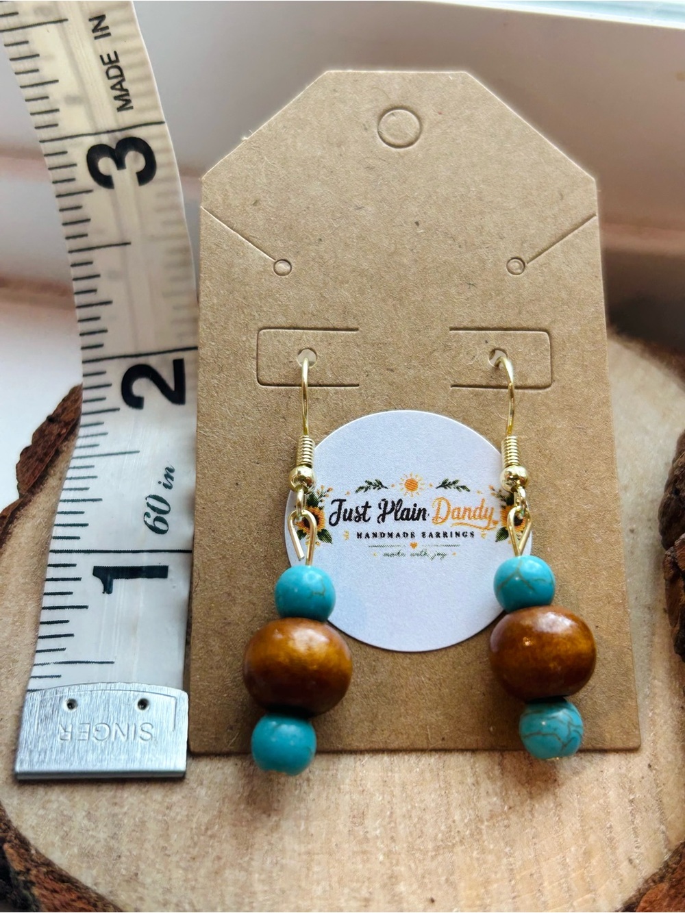 Southwest Turquoise Wood Beaded Dangle Earrings Handmade Boho Western - Picture 4 of 4